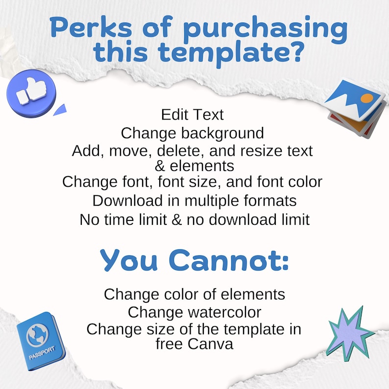 May include: A white background with blue text that reads "Perks of purchasing this template?" followed by a list of editing features. The image also includes icons and the text "You Cannot:" with limitations.