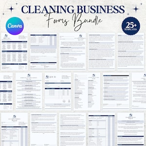 Può includere: Un pacchetto di moduli per aziende di pulizia, tra cui listini prezzi, preventivi e contratti di servizio. I moduli sono in uno schema di colori blu e bianco, con il testo "Cleaning Business Forms Bundle" in alto.