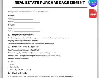 不動産売買契約書テンプレート、エージェントと購入者向けの編集可能な不動産売買契約書フォーム、購入契約書Canvaテンプレート