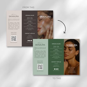 Op de afbeelding: Een brochure voor Skinaura, een huidwellnesscentrum, met het gezicht van een vrouw en details over de diensten. De brochure bevat openingstijden, contactgegevens en een QR-code om afspraken te boeken. Het kleurenschema is een mix van beige, bruin en groen.