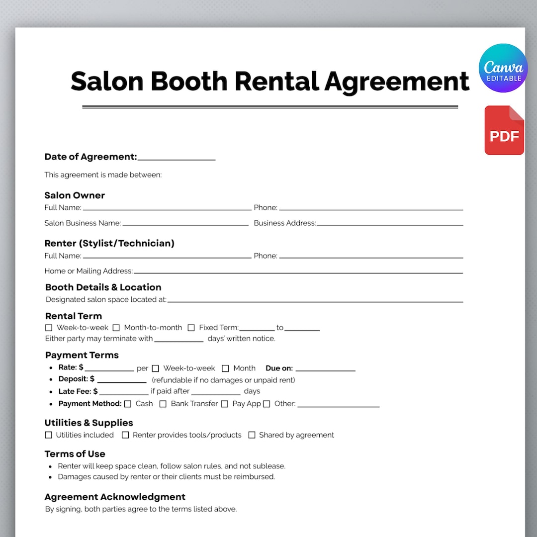 Editable Salon Booth Rental Agreement Template, Customizable Booth ...