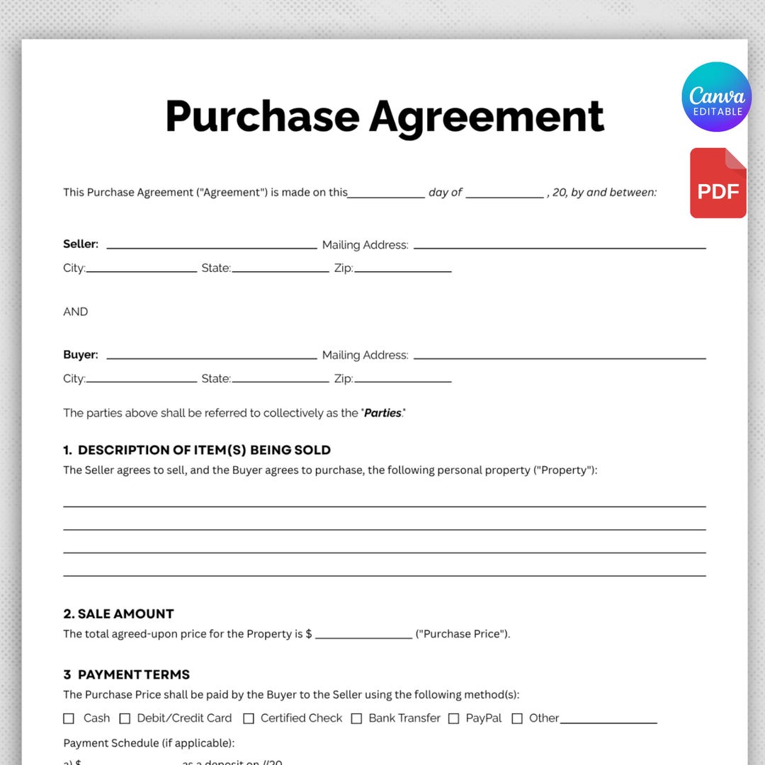 Printable Purchase Agreement Template, Purchase Agreement for Home ...