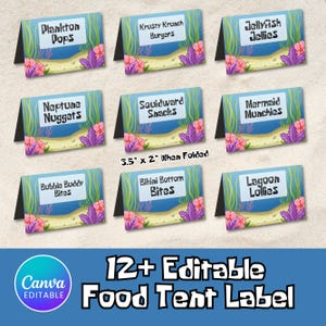 Etiquetas editables para carpas de comida bajo el mar, más de 12 tarjetas de dibujos animados para recuerdos de fiestas de cumpleaños, decoraciones imprimibles para fiestas de cumpleaños, descarga instantánea