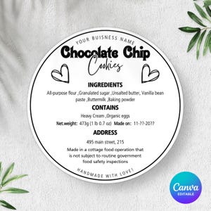 Editable Cottage Food Label,Printable Food Label,Cottage Law Cookie Label,Diy Bakery Ingredient Label,Home Bakery Stickers,Home Bakery Label