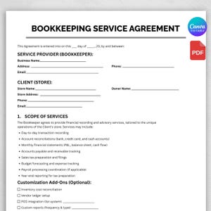 Bookkeeping Contract Template,Bookkeeping Form,Business Bookkeeping Contract Template,Printable Accounting Services Agreement,Canva Template