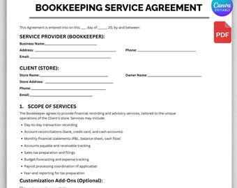 Bookkeeping Contract Template,Bookkeeping Form,Business Bookkeeping Contract Template,Printable Accounting Services Agreement,Canva Template