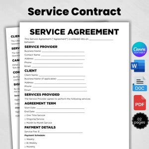 Plantilla imprimible de contrato de servicios, formularios de acuerdo de servicios, Google Docs, Word, PDF. Descarga instantánea.