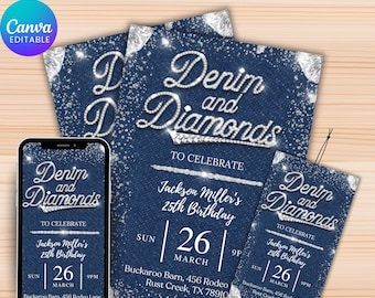 Denim and Diamonds Birthday invitation, Editable Denim Birthday Dinner Invites, denim and diamonds Party Invite, Canva Template