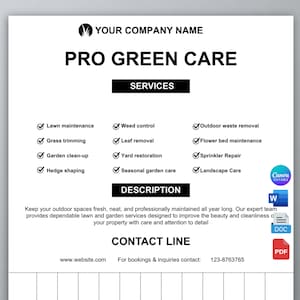 May include: A white flyer advertising "PRO GREEN CARE" services, such as lawn maintenance and weed control. The flyer includes a contact number and website address. The text is in black and the design is simple.