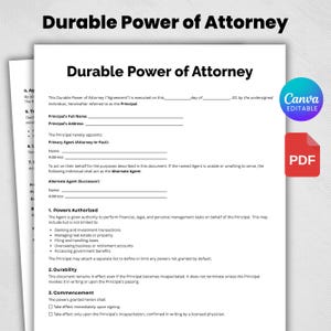 Durable Power of Attorney, Power of Attorney Form, Printable Financial Poa Agreement, Power of Attorney Legal Template, Canva Template