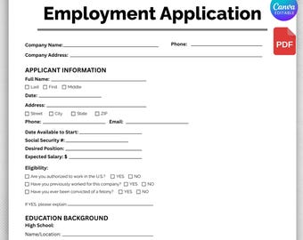 Job Application Template, Job Application Form, New Hire, Employement Application Template, Employee Application Form,Recruitment Selection