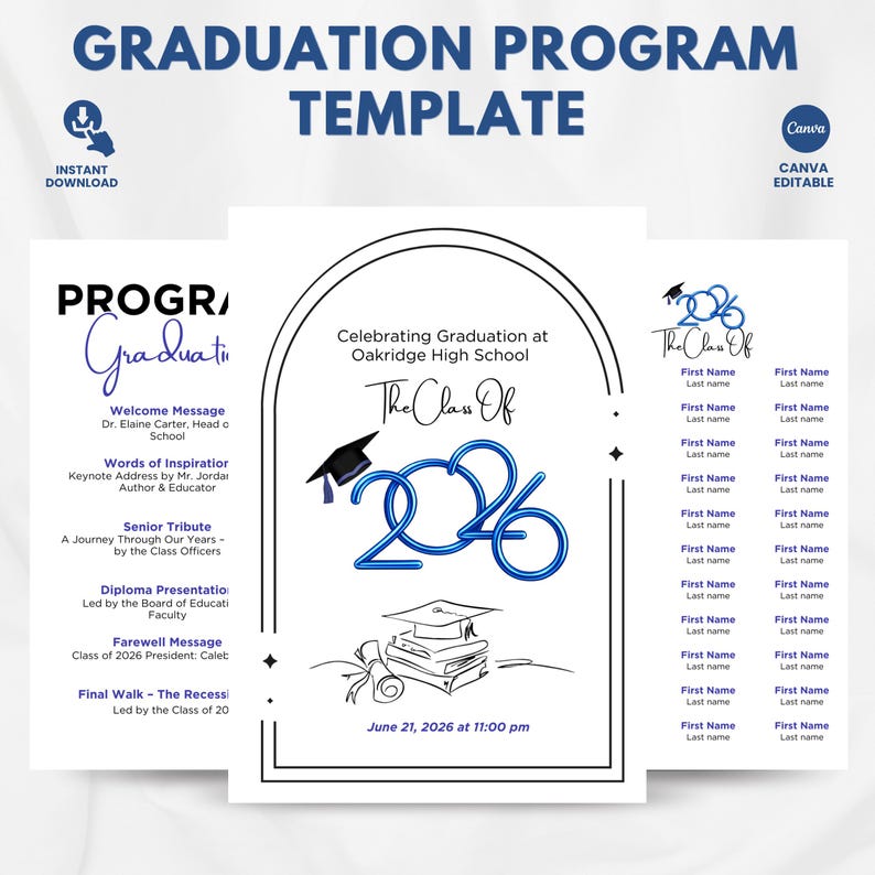2026 Graduation Program Template, Editable 2025 Ceremony Card, Class of ...