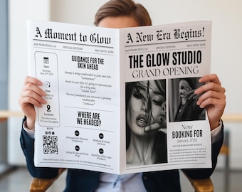 Canvaビジネス新聞テンプレート、編集可能な大型新聞広告、エステティシャン向けビジネス新聞、ヘアラッシュ向けビジネス新聞