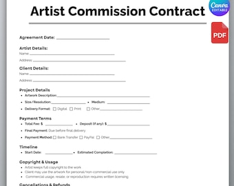 One Page Artist Commission Contract, Editable Commission Contract, Artist Commissions, Contract Template, Art Commission Form