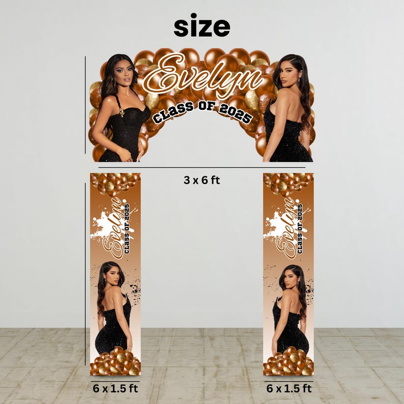 Pu&ograve; includere: Un set di decorazioni per feste di laurea con uno striscione e due colonne. Lo striscione misura 0,91 x 1,83 m, con il nome "Evelyn" e "Classe del 2025" in oro. Le colonne misurano 1,83 x 0,46 m ciascuna, con lo stesso design e la foto di una donna.