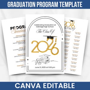 Plantilla para programa de graduación 2026, tarjeta de ceremonia editable 2025, promoción 2025, programa de graduación de secundaria y universidad, descarga instantánea.
