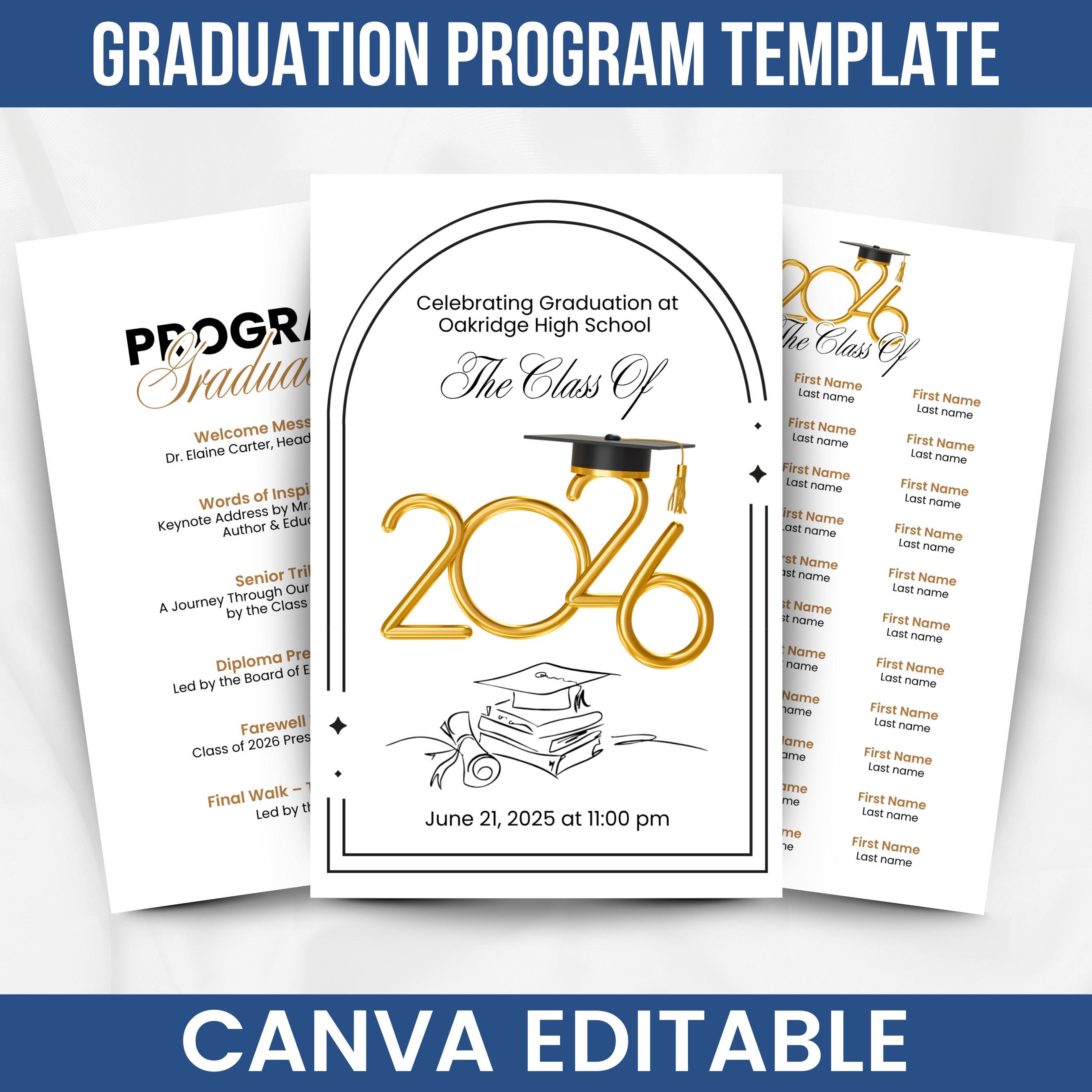 2026 Graduation Program Template, Editable 2025 Ceremony Card, Class of ...