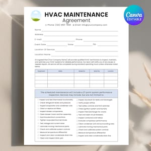 May include: A printable HVAC maintenance agreement form with a checklist of 27 points for inspecting and testing HVAC systems. The form includes fields for customer information, equipment details, and service location.