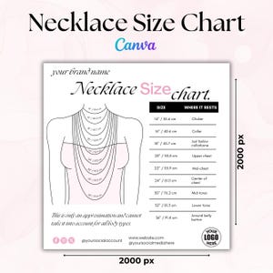 Könnte beinhalten: Eine Tabelle, die verschiedene Halskettenlängen in Zoll und Zentimetern zeigt, mit den entsprechenden Körperstellen, an denen die Halskette ruhen würde. Die Tabelle umfasst Längen von 14 Zoll bis 36 Zoll, mit Beschreibungen wie "Choker", "Kragen", "Oberer Brustkorb" und "Mittlerer Brustkorb".