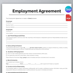One Page Employment Contract, Employment Agreement, Employee Contract, Employment Letter, HR Employer Form, Job Agreement, Canva Template
