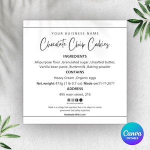 Editable Cottage Food Label,Printable Food Label,Cottage Law Cookie Label,Diy Bakery Ingredient Label,Home Bakery Stickers,Home Bakery Label