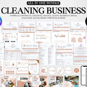 Può includere: Una raccolta di modelli per aziende di pulizia, tra cui moduli, contratti, liste di controllo, fatture e modelli di social media. Il design presenta un'estetica pulita e moderna con una palette di colori neutri e il testo "CLEANING BUSINESS".