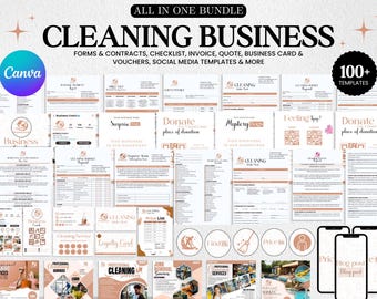 Cleaning Business Forms Bundle, Cleaning Intake Form, Service agreement, Logos, Business Flyer, Business Cards, Social Media