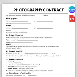 Simple Photography Contract, One Page Contract for Photographers Event Template, Client Wedding Agreement Form, Canva Template