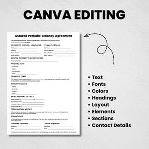 May include: A white document titled Assured Periodic Tenancy Agreement with black text, featuring sections for landlord and tenant details, property information, rental terms, payment details, and signatures, alongside a list of editable Canva features.