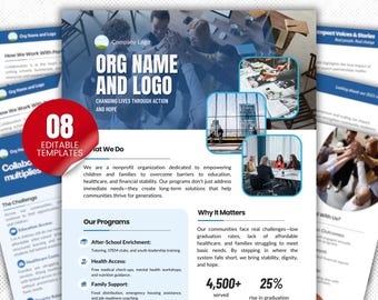 One Pager gemeinnützige Canva-Vorlagen, bearbeitbarer Wirkungsprogramm, Corporate One Page-Vorlage, Infografiken für Non-Profit, Canva-Vorlage