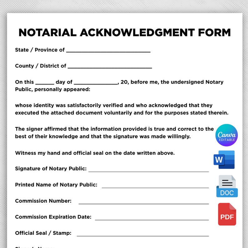 May include: A white Notarial Acknowledgment Form document with black text, featuring blank lines for state, county, date, and notary details. The right side displays icons for Canva, Microsoft Word, and PDF file formats for digital editing.