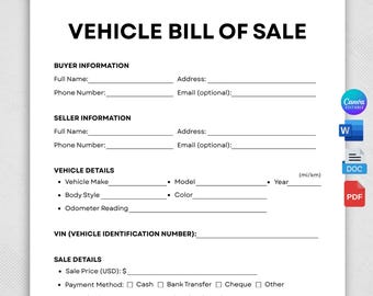 Simple Vehicle Bill of Sale, Printable Motor Vehicle Sale Agreement, Blank Bill of Sale For Car, Auto, Motorcycle, Word, Google Docs, PDF