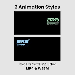 May include: Two digital animation screens with black backgrounds. The top screen features a light green BRB logo with a loading bar and the text BE RIGHT BACK. The bottom screen shows a light blue BRB logo with a loading bar and text. Text reads 2 Animation Styles and Two Formats Included MP4 & WEBM.