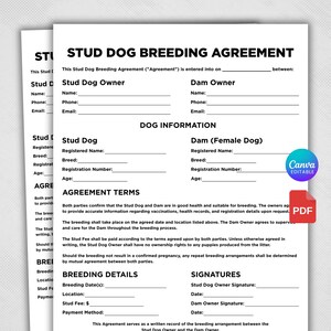 May include: A white document titled Stud Dog Breeding Agreement with black text. It includes sections for Stud Dog Owner and Dam Owner information, dog details, agreement terms, breeding specifics, and signature lines for both parties.