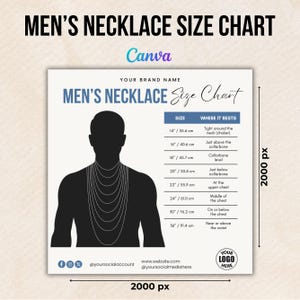 Könnte beinhalten: Eine Tabelle mit verschiedenen Halskettengrößen für Männer, mit einer Silhouette einer Person, die Halsketten in verschiedenen Längen trägt. Die Tabelle enthält Maße in Zoll und Zentimetern und beschreibt, wo jede Halskettenlänge am Körper anliegt. Die Tabelle enthält auch den Text "Men's Necklace Size Chart" und "Your Brand Name".