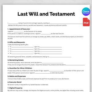 Może przedstawiać: Wydrukowany szablon testamentu na białym papierze. Dokument zawiera sekcje dotyczące powołania wykonawcy, darowizn, pozostałego majątku, opiekuna dla małoletnich dzieci, długów i własności cyfrowej. Logo Canva i PDF.