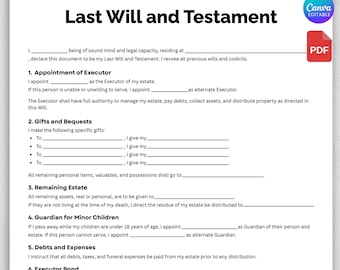 Last Will and Testament, Editable & Printable Last Will Form, Printable Basic Will Template, Customizable Testament Form, One Page Testament