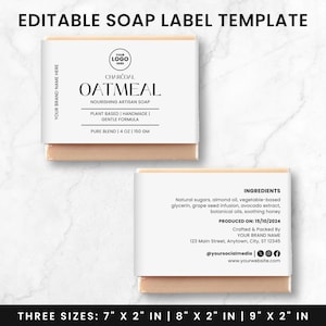 Puede incluir: Una plantilla de etiqueta de jabón con el texto "EDITABLE SOAP LABEL TEMPLATE". La etiqueta dice "CHARCOAL OATMEAL" y "NOURISHING ARTISAN SOAP". Incluye detalles de ingredientes, fecha de producción y redes sociales. Disponible en 17.78cm x 5.08cm, 20.32cm x 5.08cm y 22.86cm x 5.08cm.