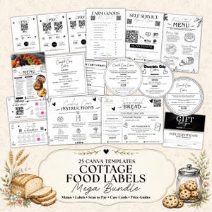 Op de afbeelding: Een verzameling van 25 printbare sjablonen voor voedseletiketten, menu's, prijslijsten en verzorgingskaarten. De set bevat zwart-wit ontwerpen met tekst, QR-codes en illustraties van gebakken producten zoals brood en koekjes.
