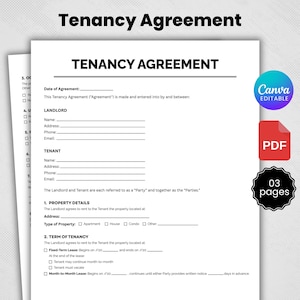 May include: A white Tenancy Agreement document with the title "TENANCY AGREEMENT" in bold black text. The document includes sections for Landlord and Tenant details, property details, and terms of tenancy. A "Canva EDITABLE" logo, a "PDF" icon, and a "03 pages" badge are visible.