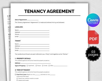 Simple Tenancy Agreement. Rental Agreement Printable, Simple Tenancy contract, Printable tenancy agreement, Canva Template