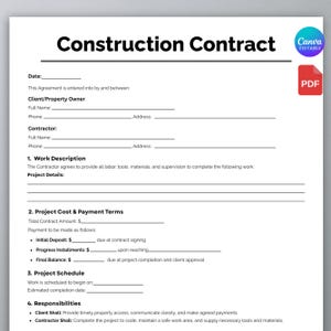 Editable Construction Contract Agreement Template, Construction Agreement Form, Printable Construction contract,Canva Template