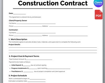 Modelo de Contrato de Construção Editável, Formulário de Contrato de Construção, Contrato de Construção Imprimível, Modelo em Caneta