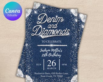 Denim and Diamonds Birthday invitation, Editable Denim Birthday Dinner Invites, denim and diamonds Party Invite, Canva Template