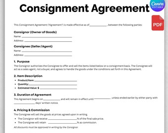 Editable Consignment Agreement Template, Consignment Template,Consignment Form ,Reseller Agreement Form,Consignment Contract, Canva Template