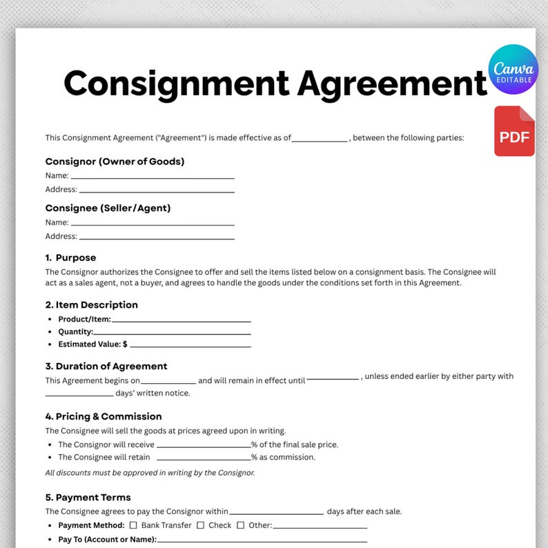 Editable Consignment Agreement Template, Consignment Template ...