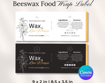 Beeswax Wrap Labels, Editable Beeswax Food Wrap Labels, Beeswax Wrap Package, Printable Custom Label, Beeswax Products Label Canva Template
