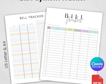 Bill Pay Organizer. Bill Payment Log. Monthly Bill Payment Checklist,bill Pay Template,Digital Bill Tracker,Monthly Bill Log,Canva Temlplate