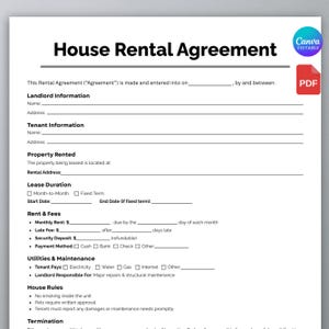 One Page House Rental Agreement, Residential Lease Agreement,Residential Housing Contract, Landlord Form,Property Rental Form,Canva Template