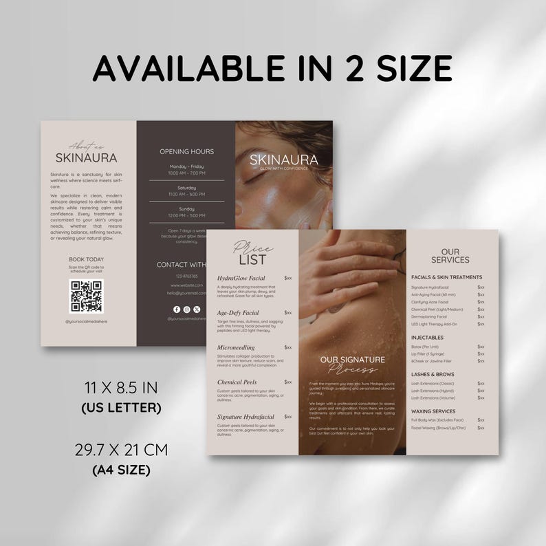 Op de afbeelding: Een drievoudige brochure voor Skinaura huidverzorgingsdiensten, met tekst en afbeeldingen. De brochure is verkrijgbaar in twee formaten: 11 x 8,5 inch (US Letter) en 29,7 x 21 cm (A4-formaat).